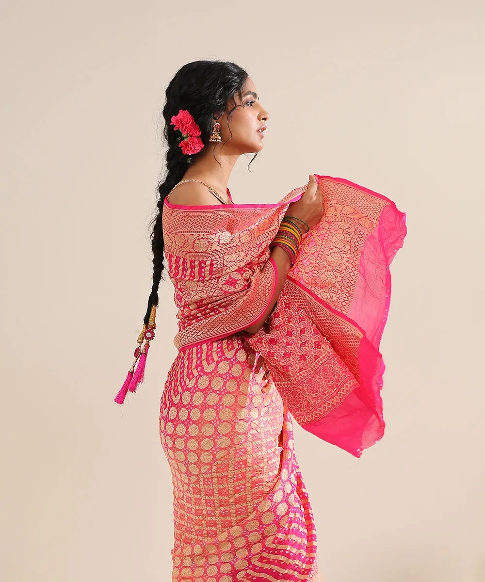 Handloom Pink and Peach Georgette Banarasi Bandhej Saree With Cutwork Weave