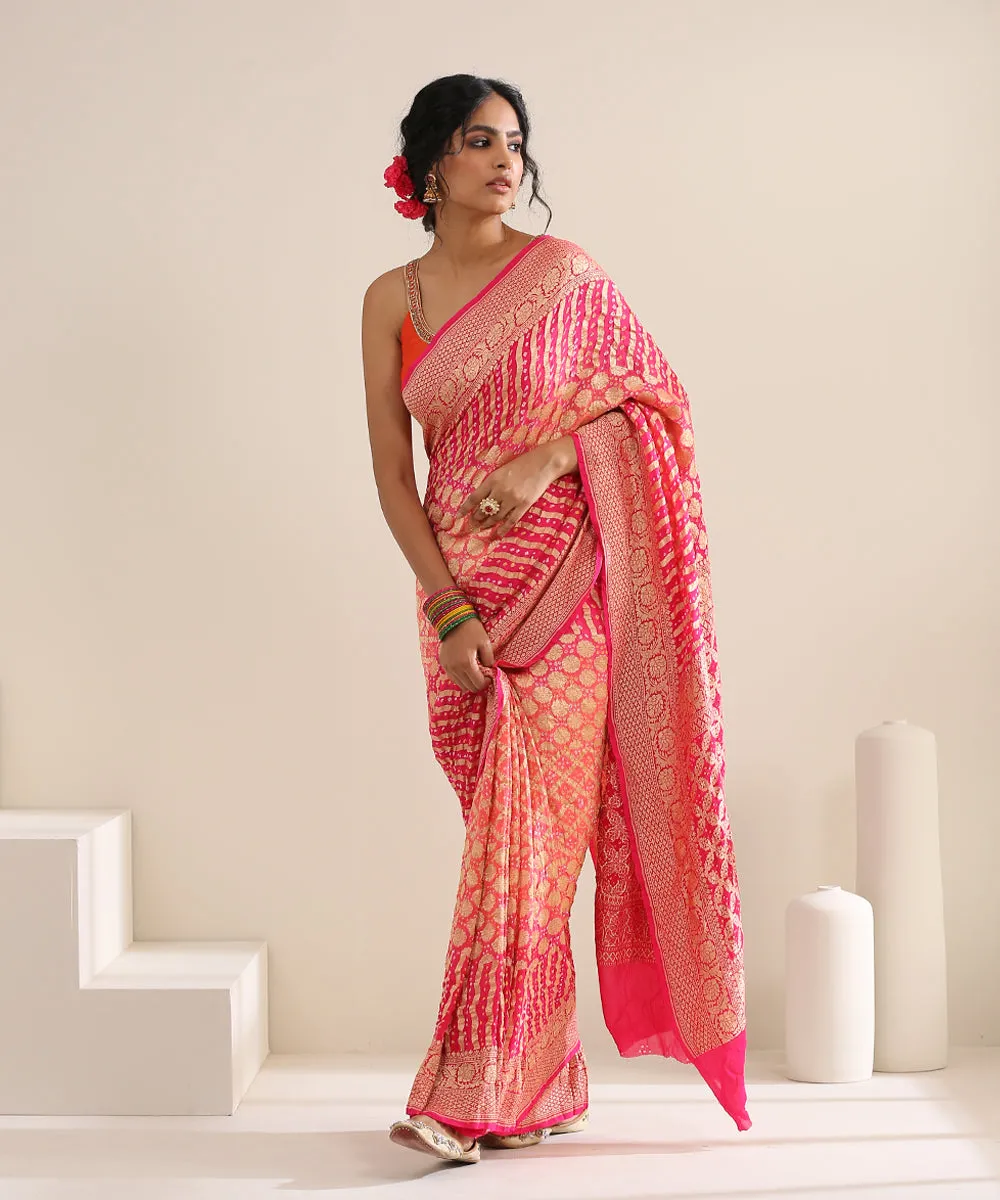 Handloom Pink and Peach Georgette Banarasi Bandhej Saree With Cutwork Weave