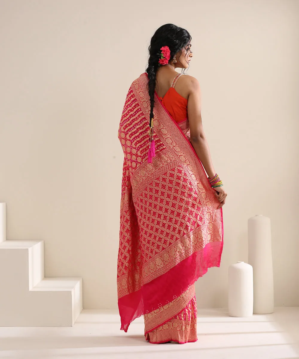 Handloom Pink and Peach Georgette Banarasi Bandhej Saree With Cutwork Weave