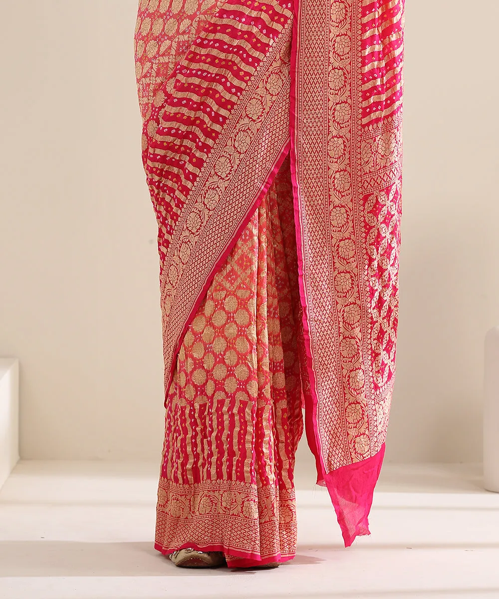 Handloom Pink and Peach Georgette Banarasi Bandhej Saree With Cutwork Weave