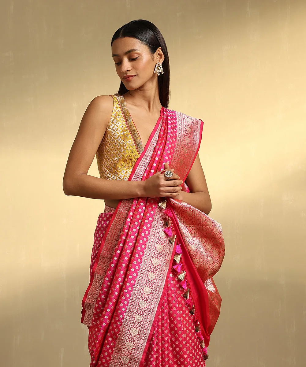 Handloom Pink Pure Katan Silk Jangla Banarasi Saree With Cutwork Booti