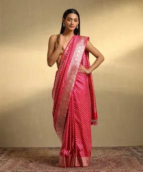 Handloom Pink Pure Katan Silk Jangla Banarasi Saree With Cutwork Booti