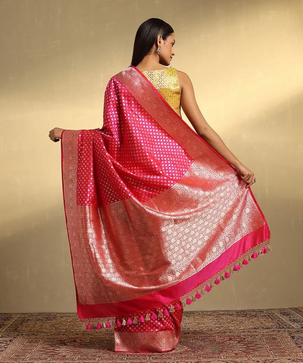 Handloom Pink Pure Katan Silk Jangla Banarasi Saree With Cutwork Booti