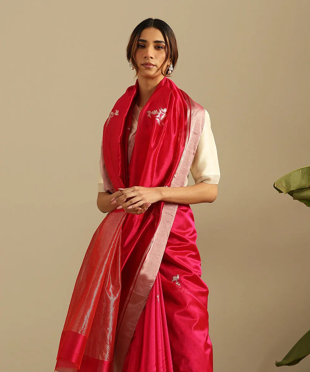 Handloom Pink Pure Silk Chanderi Saree With Birds On The Crescent Moon