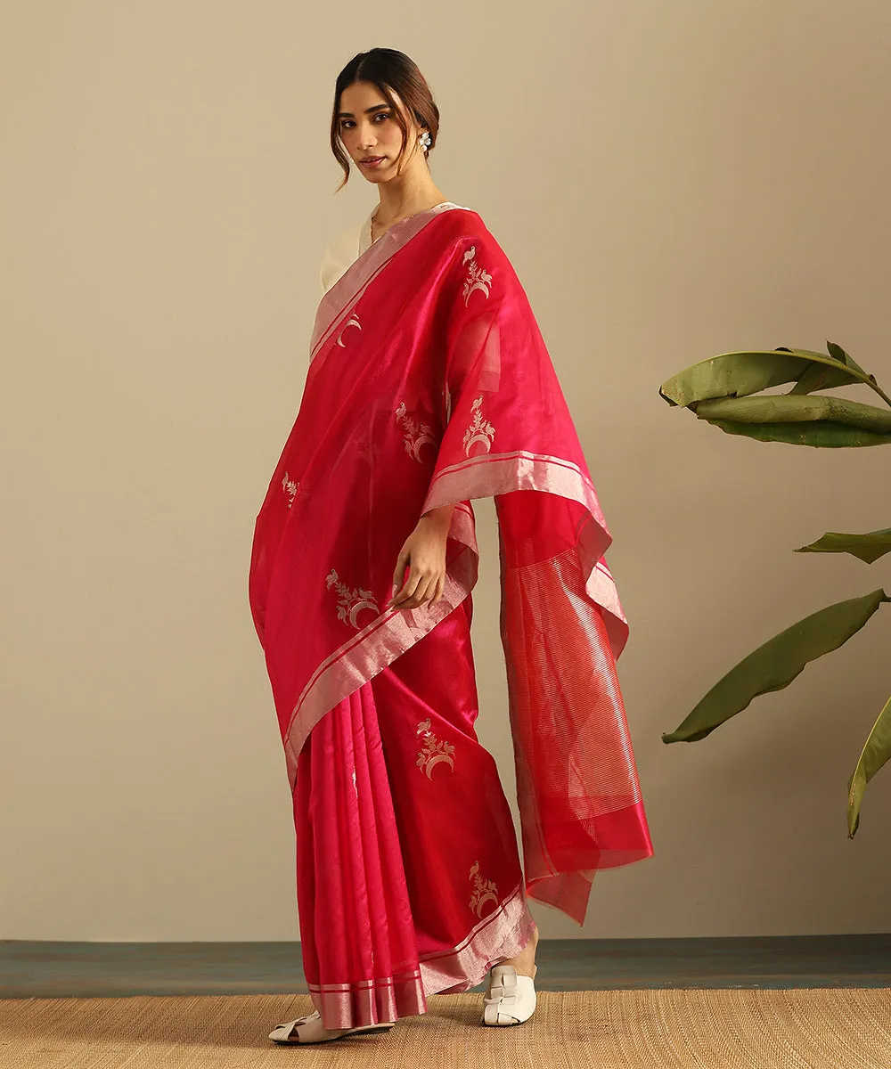 Handloom Pink Pure Silk Chanderi Saree With Birds On The Crescent Moon