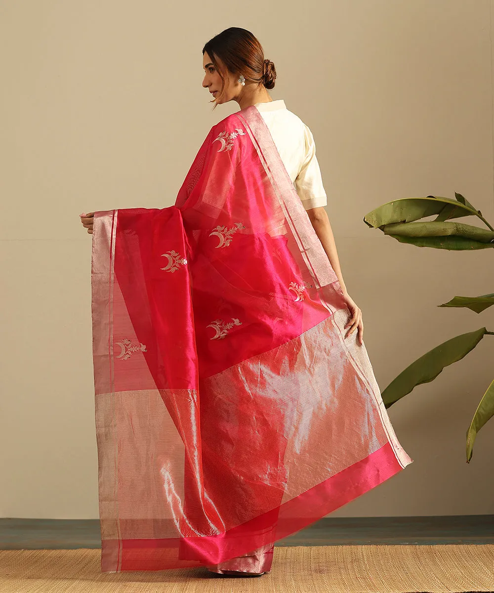 Handloom Pink Pure Silk Chanderi Saree With Birds On The Crescent Moon