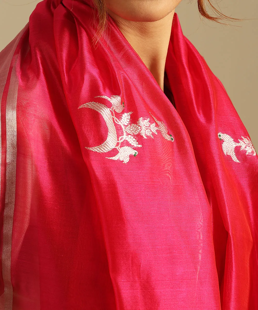 Handloom Pink Pure Silk Chanderi Saree With Birds On The Crescent Moon