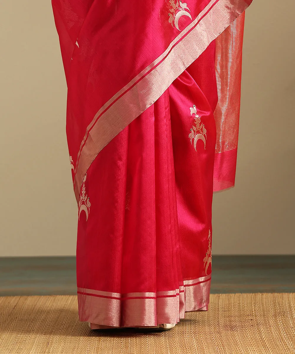 Handloom Pink Pure Silk Chanderi Saree With Birds On The Crescent Moon