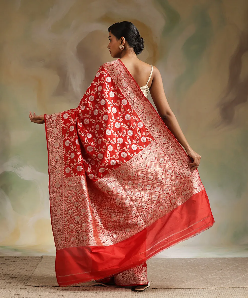 Handloom Red Pure Katan Silk Banarasi Saree With Sona Rupa Cutwork Jaal