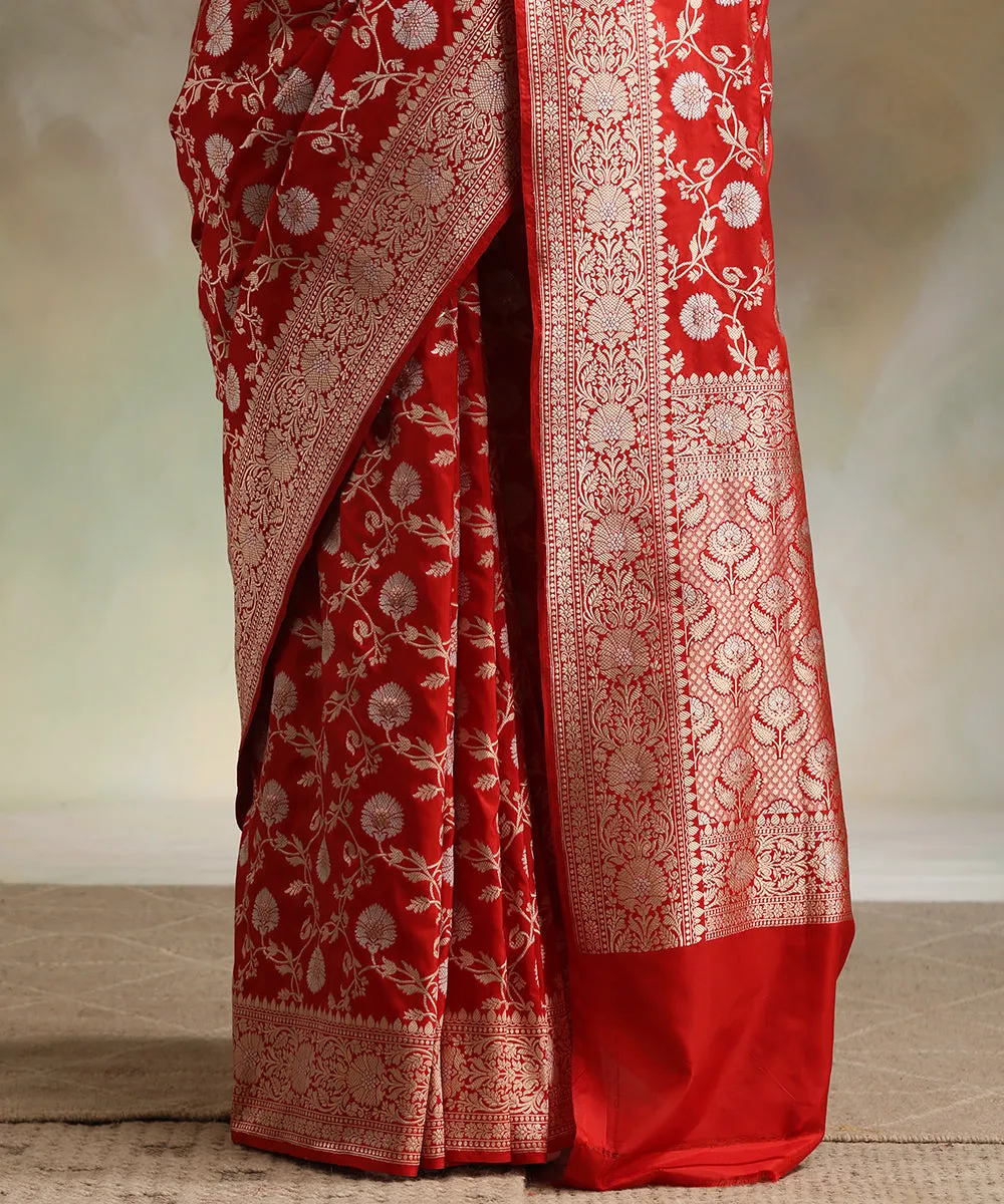 Handloom Red Pure Katan Silk Banarasi Saree With Sona Rupa Cutwork Jaal