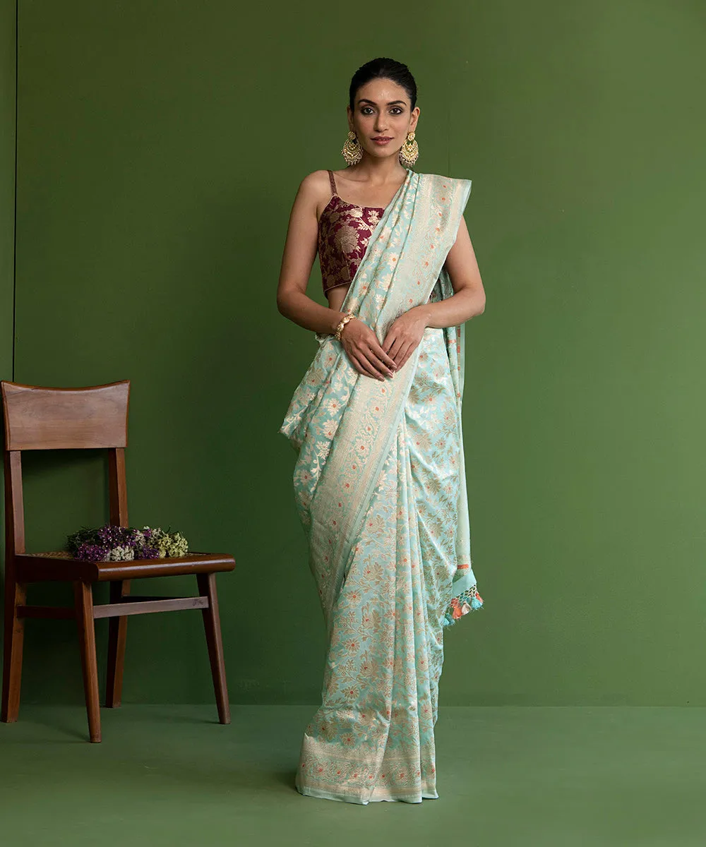 Handloom Sky Blue Pure Katan Silk Banarasi Saree with Meenakari Jangla Design