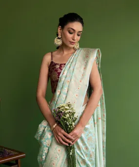 Handloom Sky Blue Pure Katan Silk Banarasi Saree with Meenakari Jangla Design