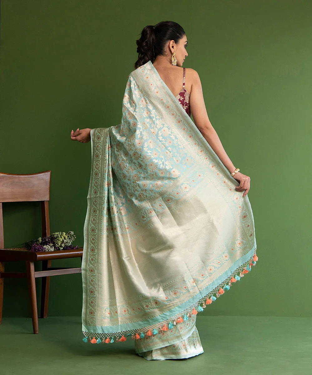 Handloom Sky Blue Pure Katan Silk Banarasi Saree with Meenakari Jangla Design