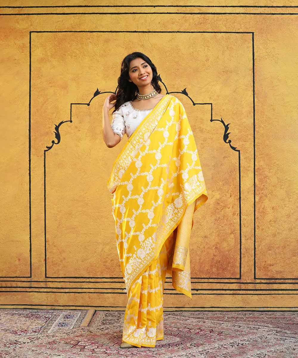 Handloom Yellow Pure Katan Silk Banarasi Saree With Floral Jaal