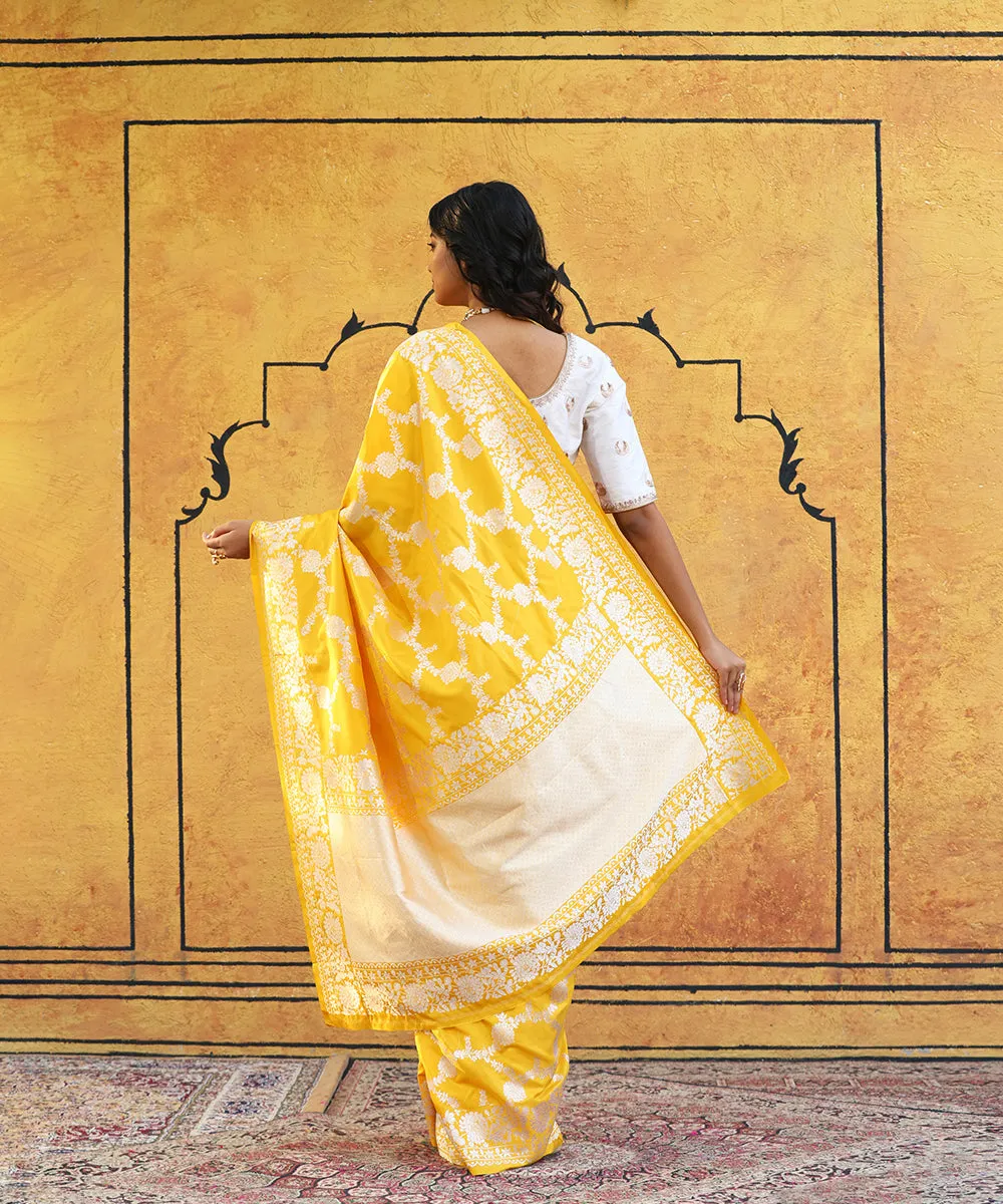 Handloom Yellow Pure Katan Silk Banarasi Saree With Floral Jaal