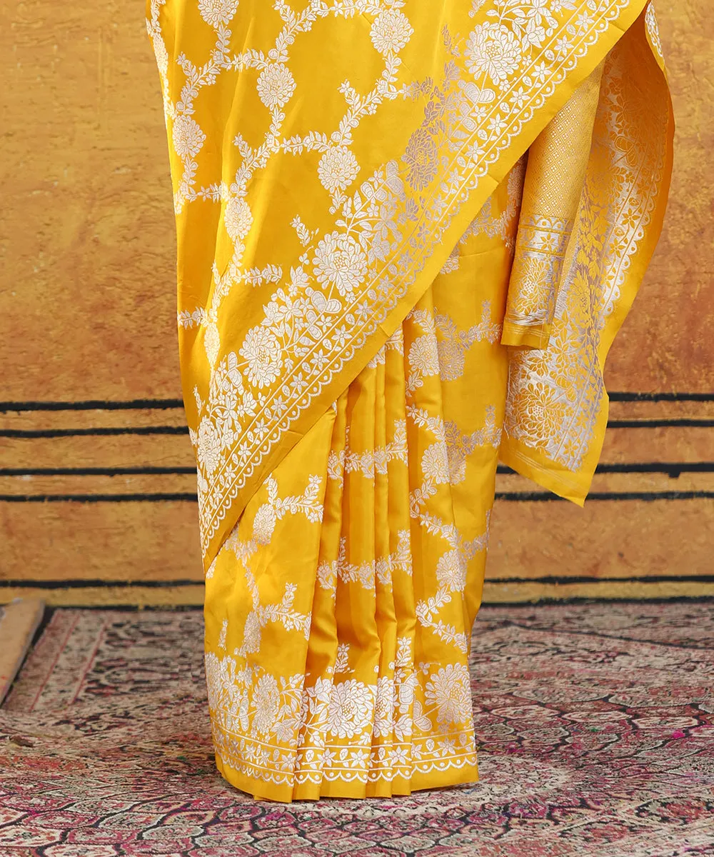 Handloom Yellow Pure Katan Silk Banarasi Saree With Floral Jaal