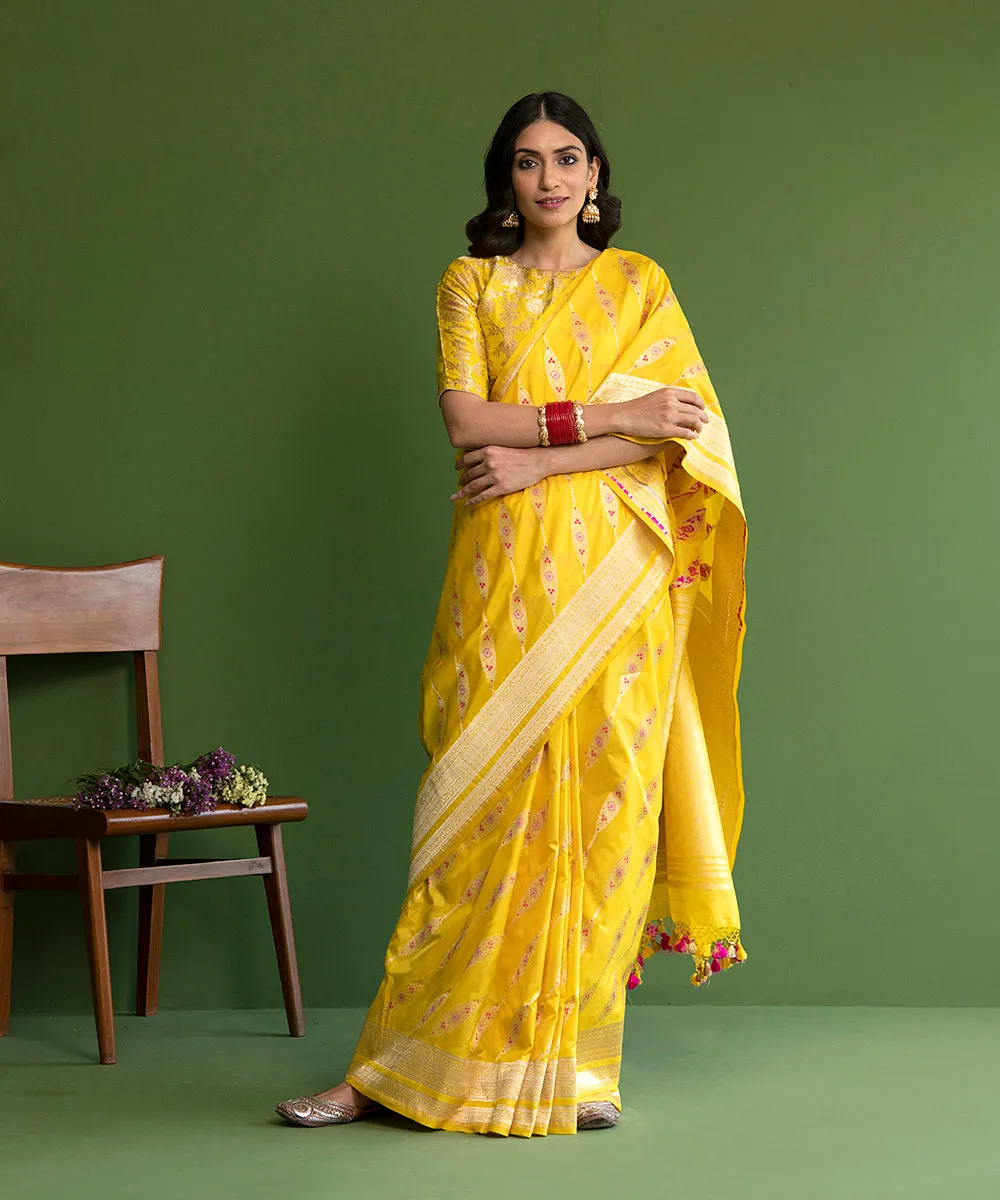 Handloom Yellow Pure Katan Silk Banarasi Saree with Meenakari Aada Bel