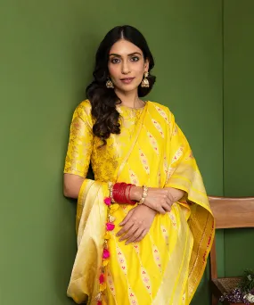 Handloom Yellow Pure Katan Silk Banarasi Saree with Meenakari Aada Bel