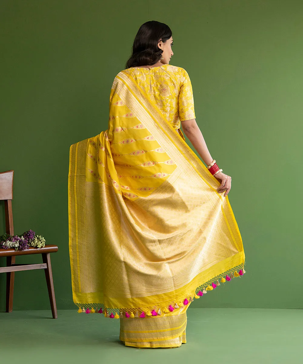 Handloom Yellow Pure Katan Silk Banarasi Saree with Meenakari Aada Bel