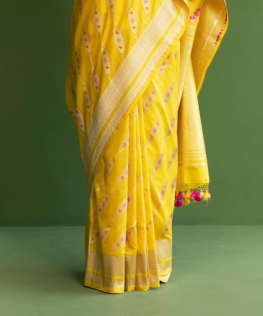 Handloom Yellow Pure Katan Silk Banarasi Saree with Meenakari Aada Bel