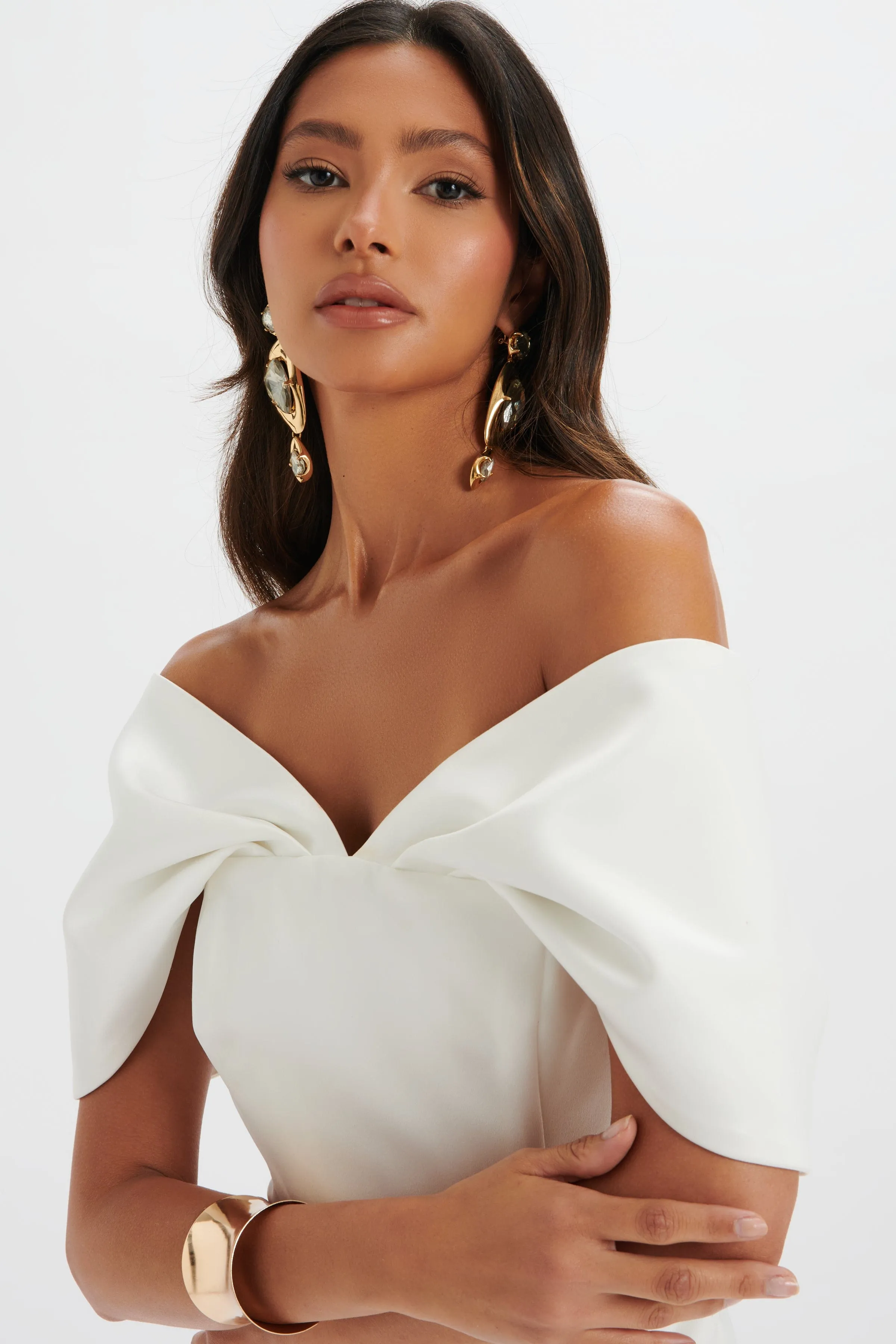 HARLEEN Draped Bardot Bonded Satin Midi Dress In White