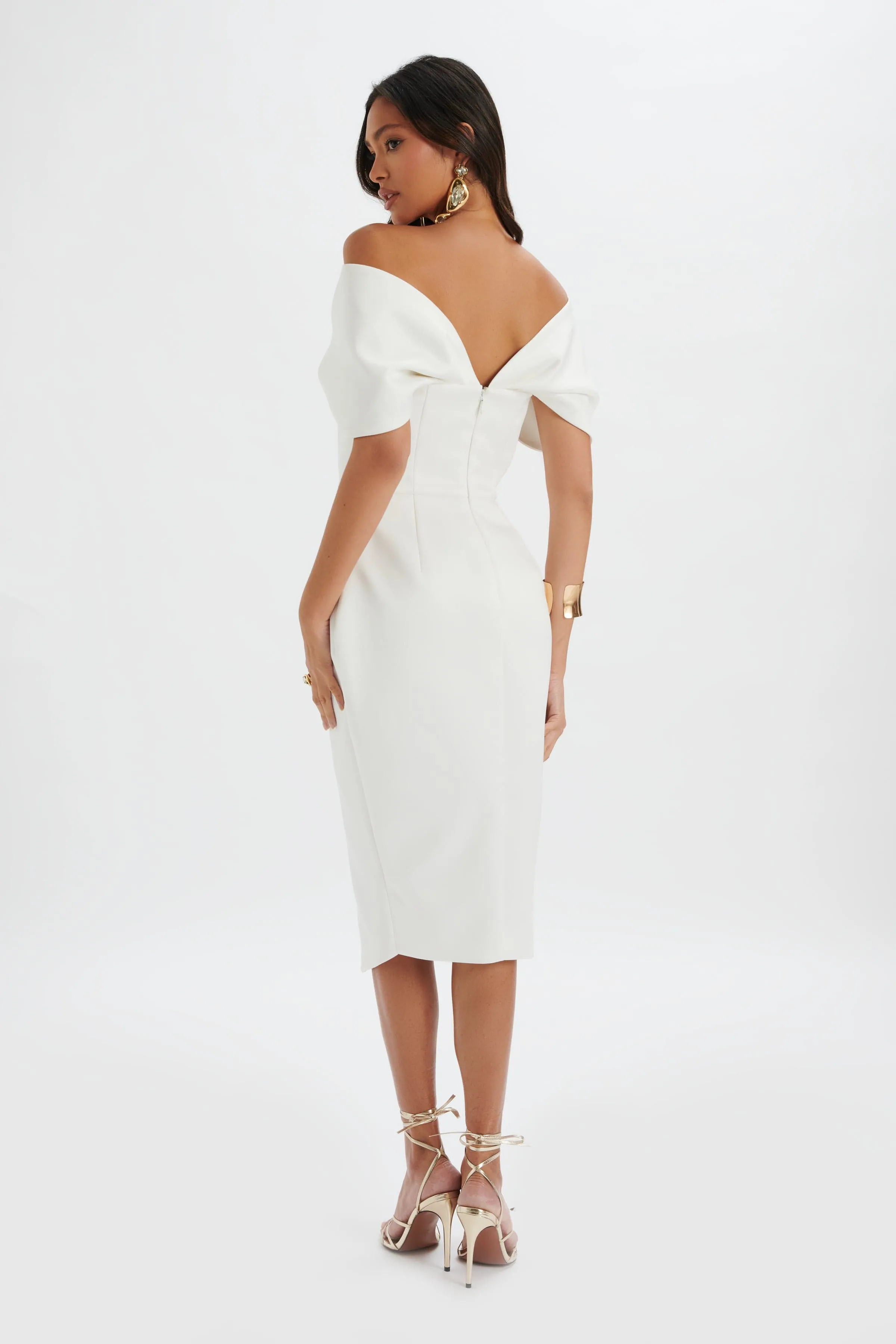 HARLEEN Draped Bardot Bonded Satin Midi Dress In White