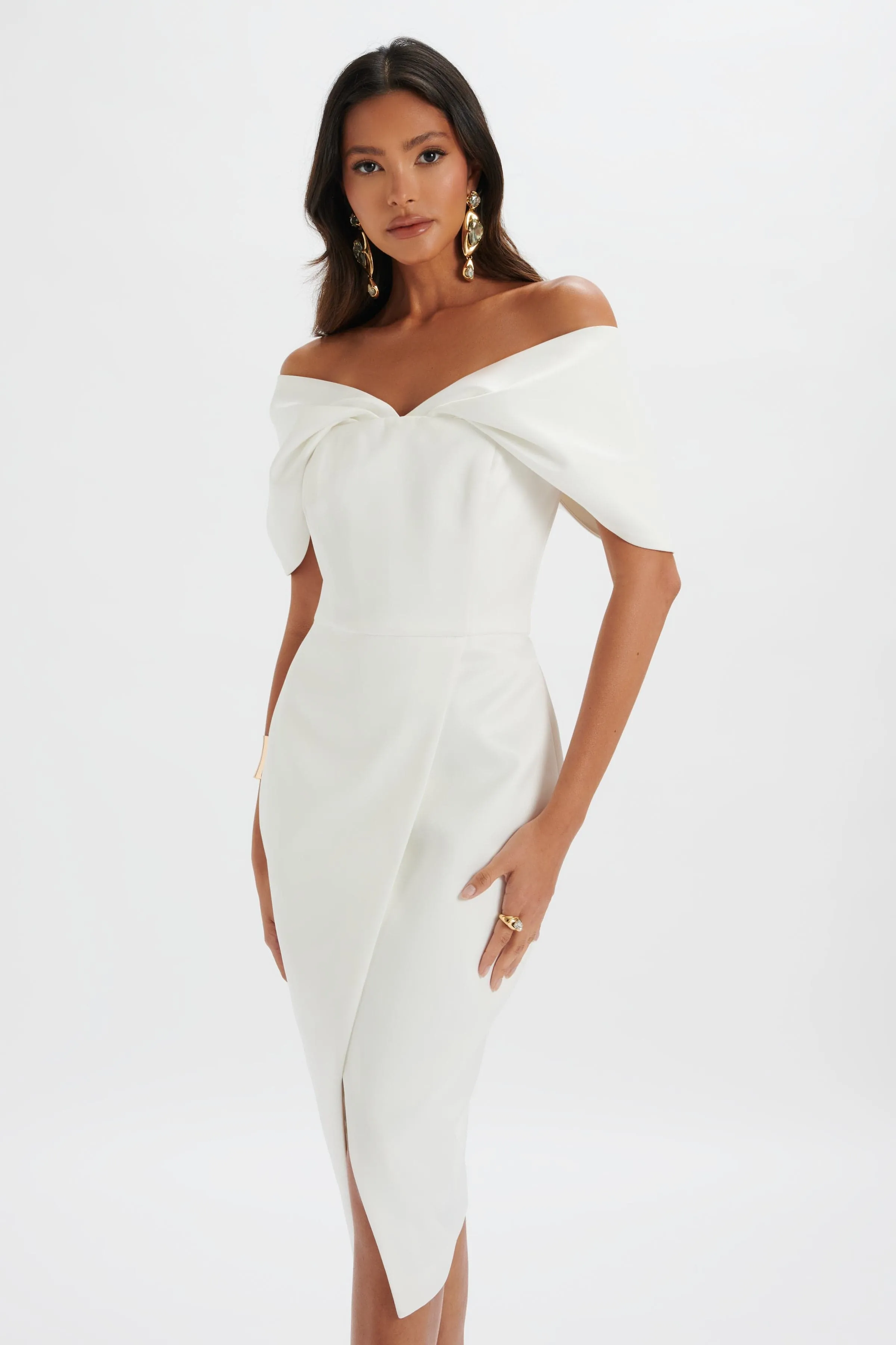 HARLEEN Draped Bardot Bonded Satin Midi Dress In White