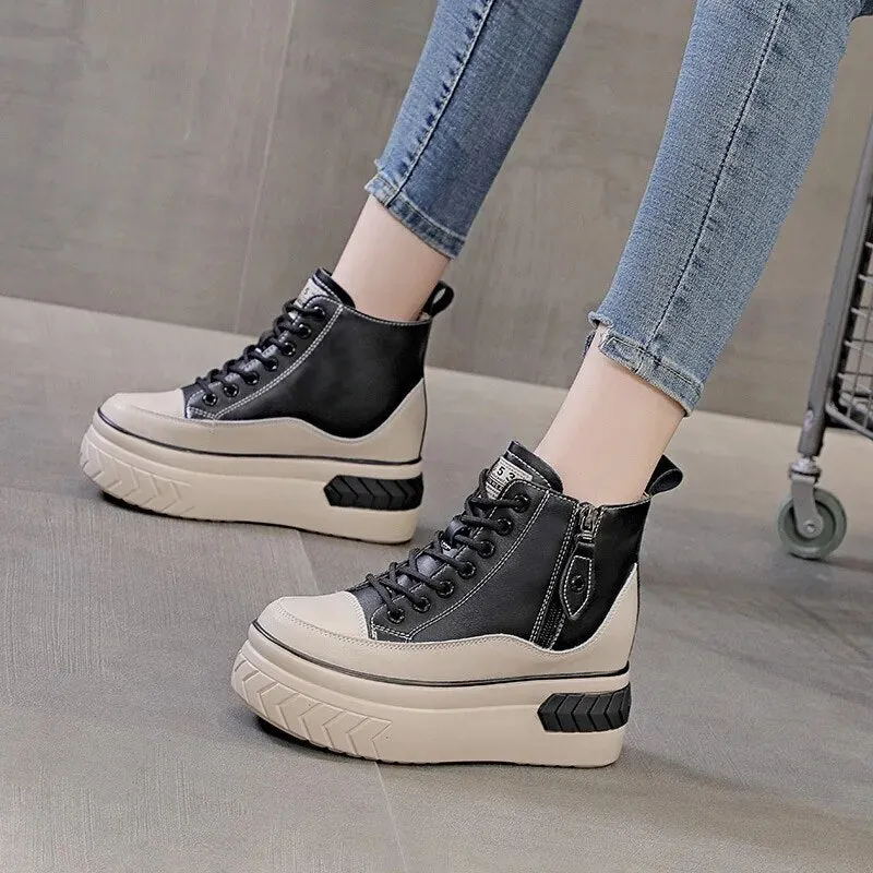 High Top Women Shoes - Genuine Leather - 8cm Platform Boots - Wedge Hidden Heel - Zipper - Spring Autumn - Warm Fur Winter - Plu