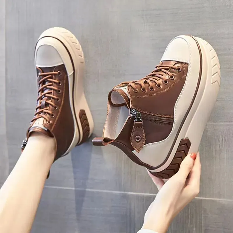 High Top Women Shoes - Genuine Leather - 8cm Platform Boots - Wedge Hidden Heel - Zipper - Spring Autumn - Warm Fur Winter - Plu