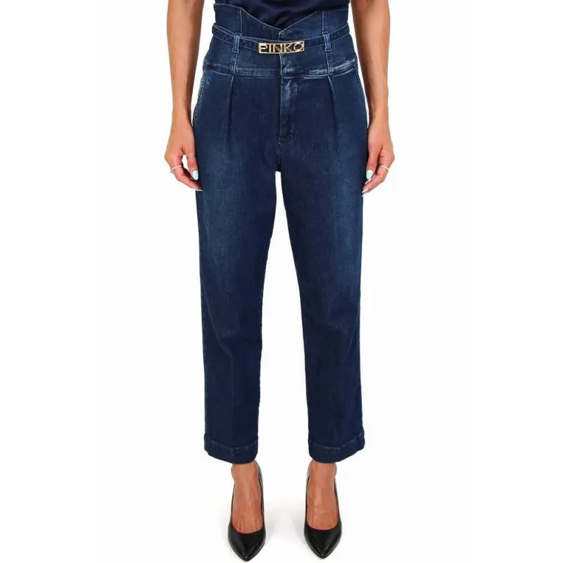 High-waisted denim jeans with bustier and American style pockets, blue.