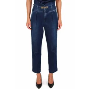 High-waisted denim jeans with bustier and American style pockets, blue.