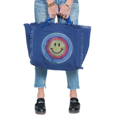 Hip Chik Crystal Multi Smile Fringe Canvas Tote Bag Blue