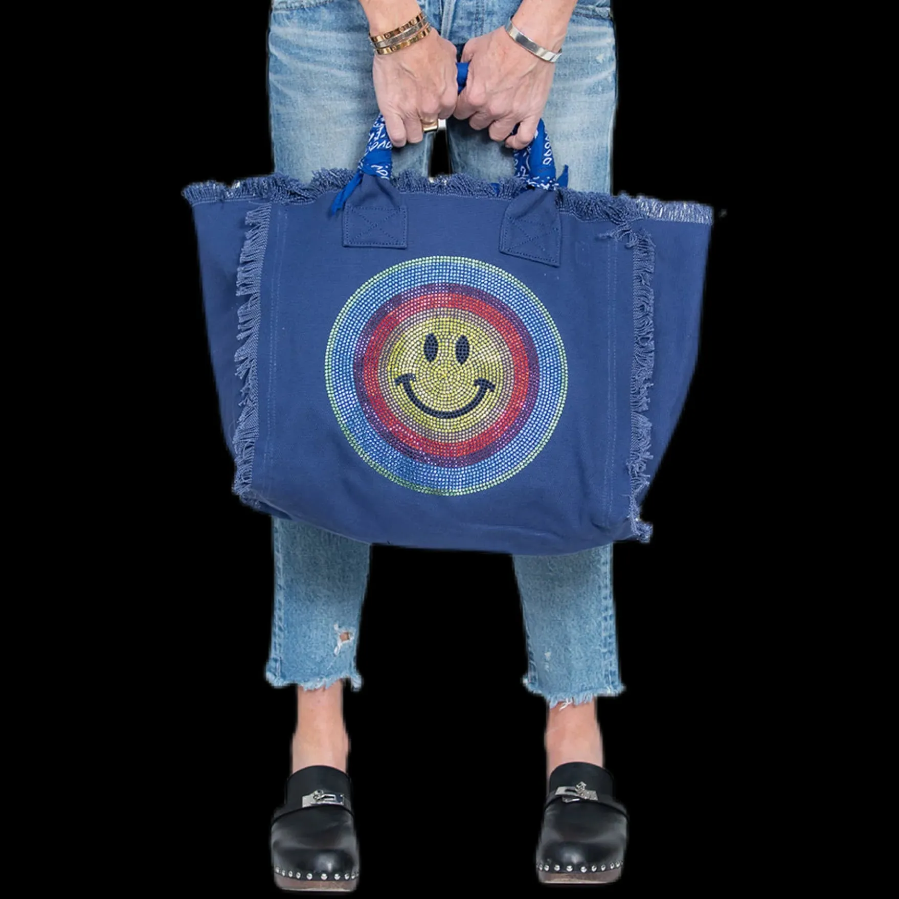 Hip Chik Crystal Multi Smile Fringe Canvas Tote Bag Blue