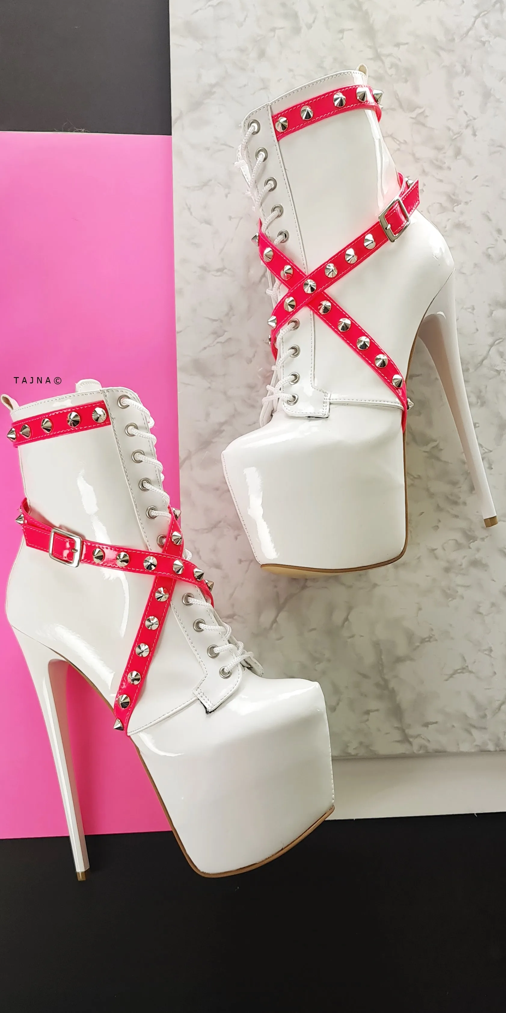 Hot Pink White Spike Studs High Heel Rocker Boots