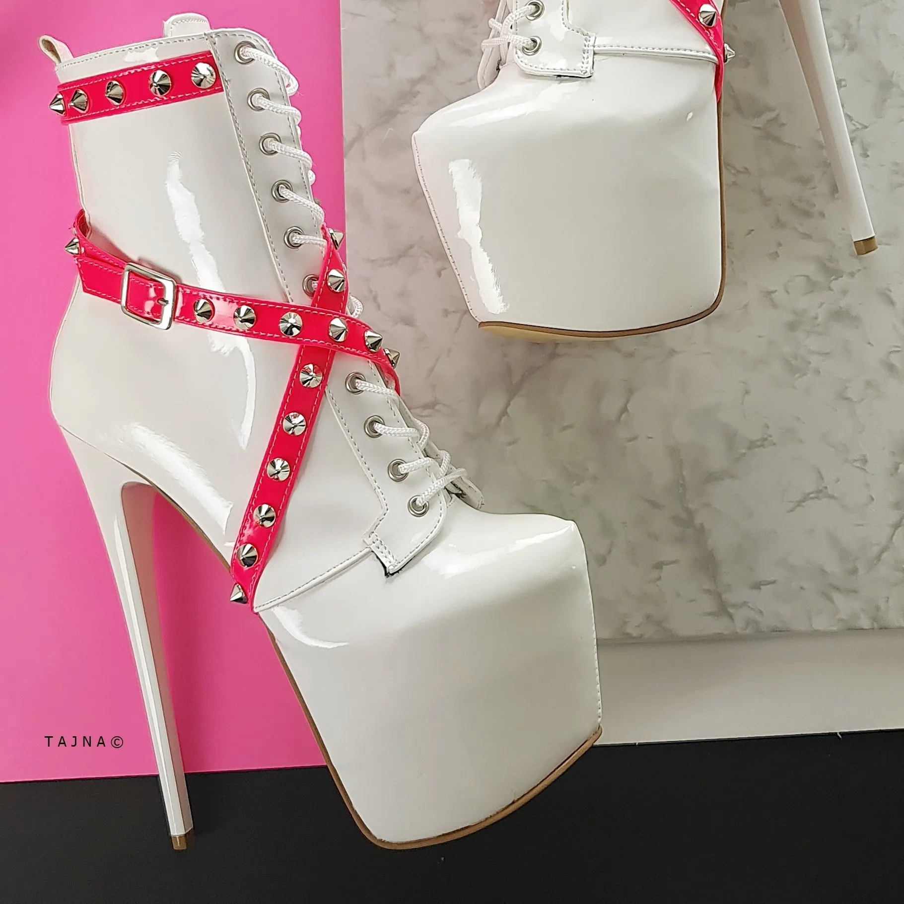 Hot Pink White Spike Studs High Heel Rocker Boots