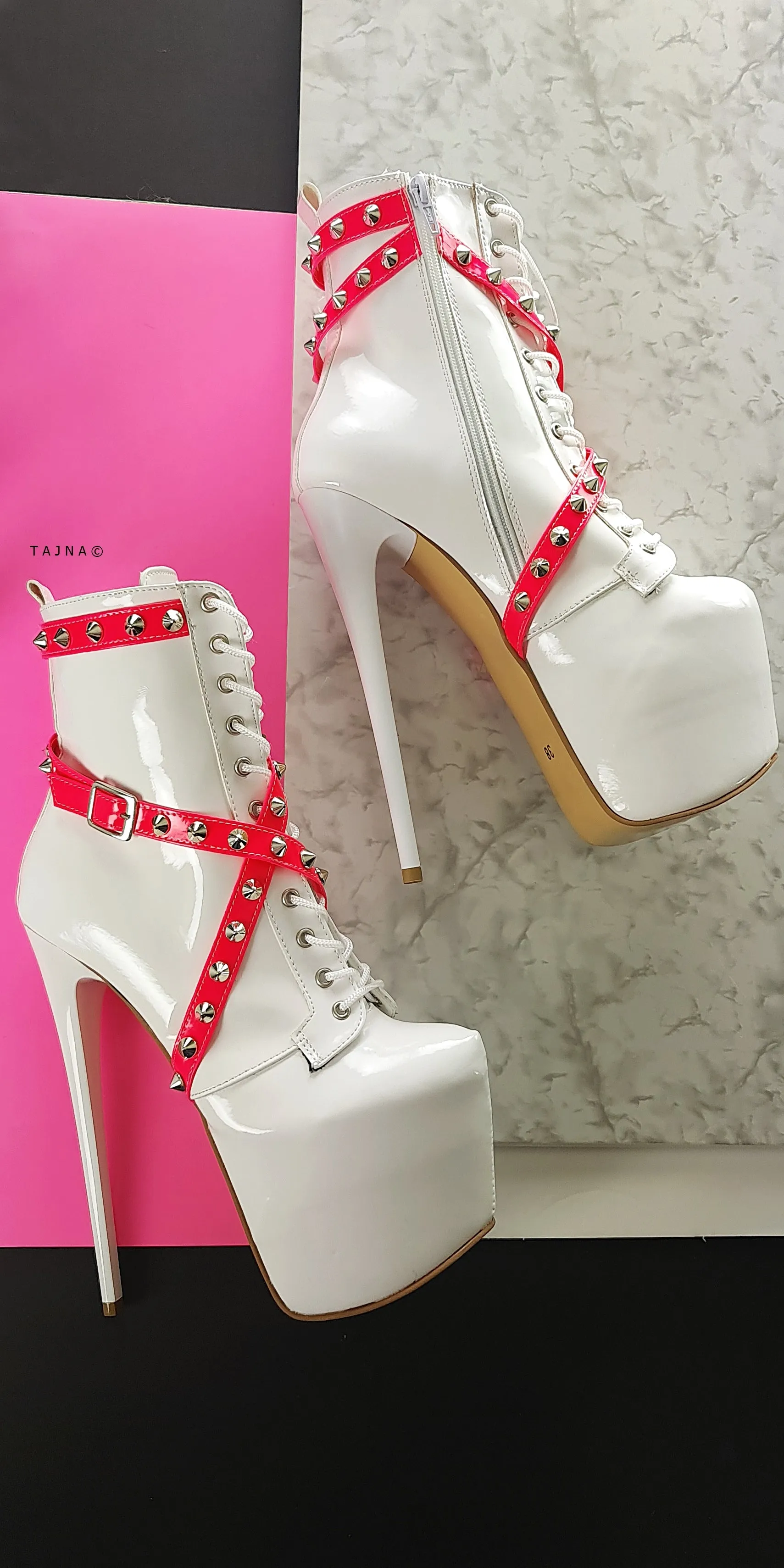 Hot Pink White Spike Studs High Heel Rocker Boots