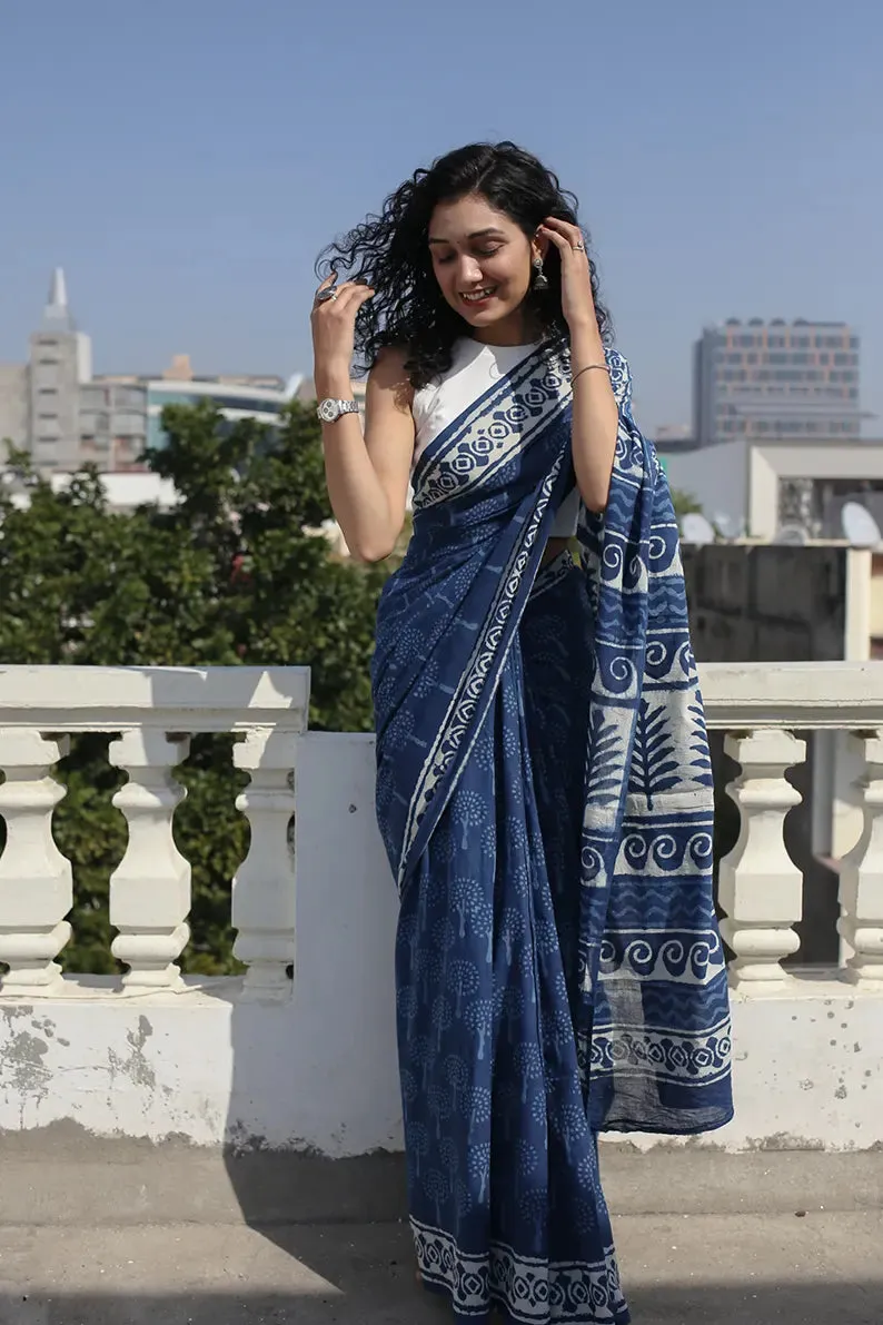 Indigo Bouquet - Dabu Hand Block Print Mulmul Cotton Bagru Saree