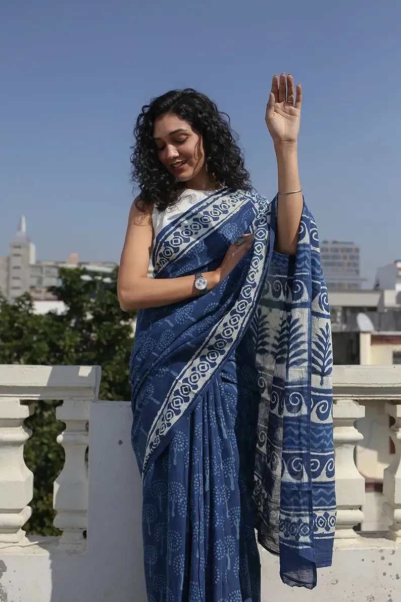 Indigo Bouquet - Dabu Hand Block Print Mulmul Cotton Bagru Saree