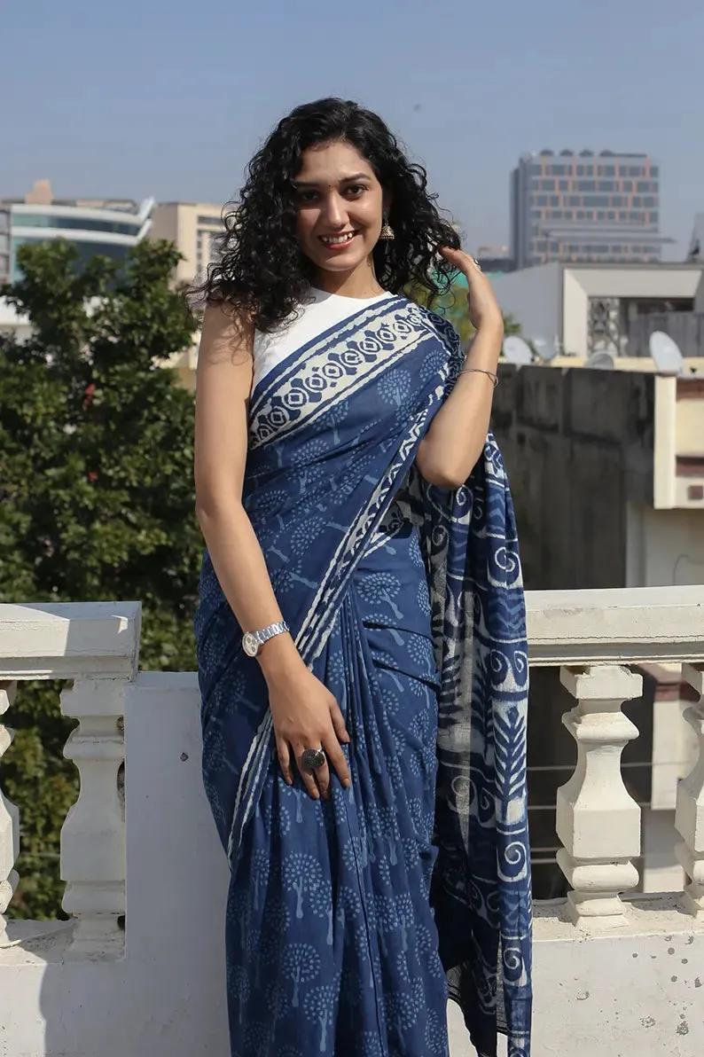 Indigo Bouquet - Dabu Hand Block Print Mulmul Cotton Bagru Saree