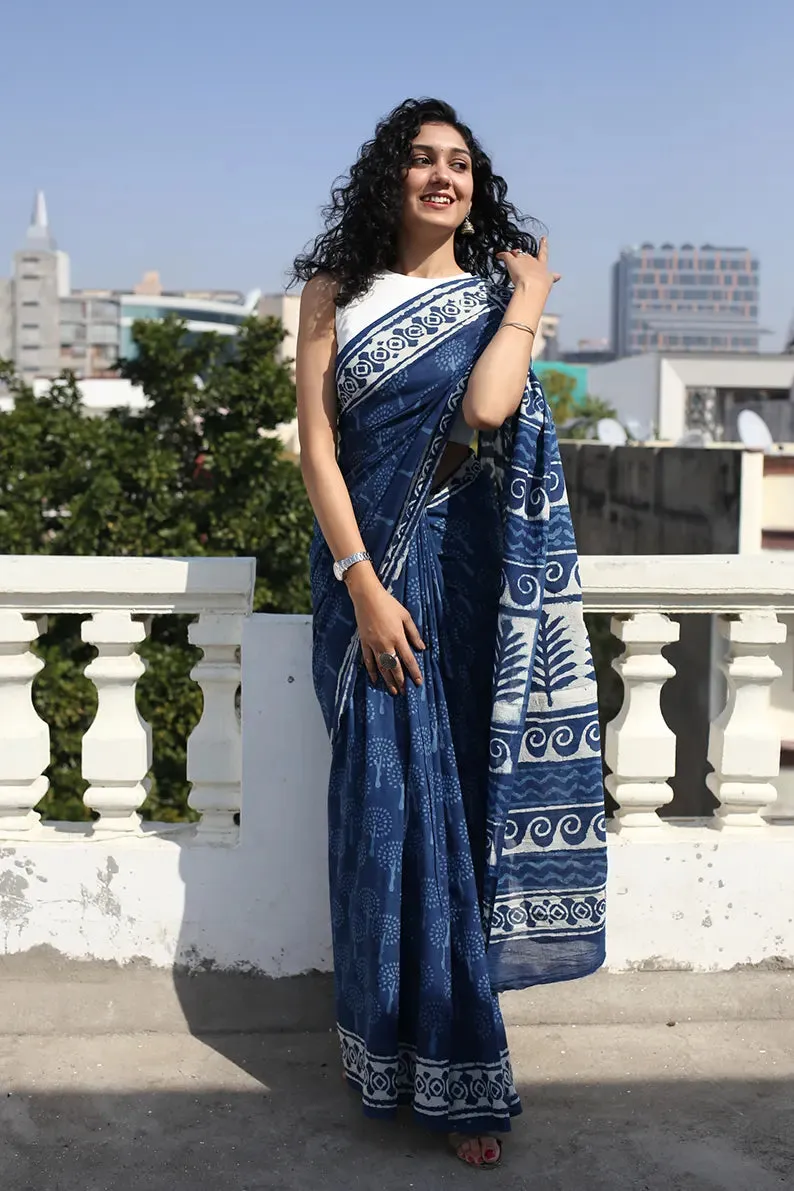 Indigo Bouquet - Dabu Hand Block Print Mulmul Cotton Bagru Saree