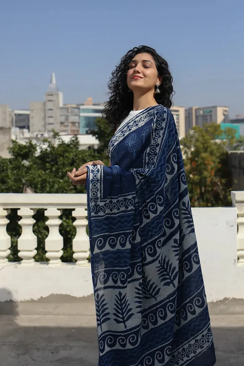 Indigo Bouquet - Dabu Hand Block Print Mulmul Cotton Bagru Saree