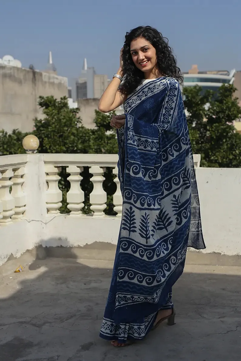 Indigo Bouquet - Dabu Hand Block Print Mulmul Cotton Bagru Saree