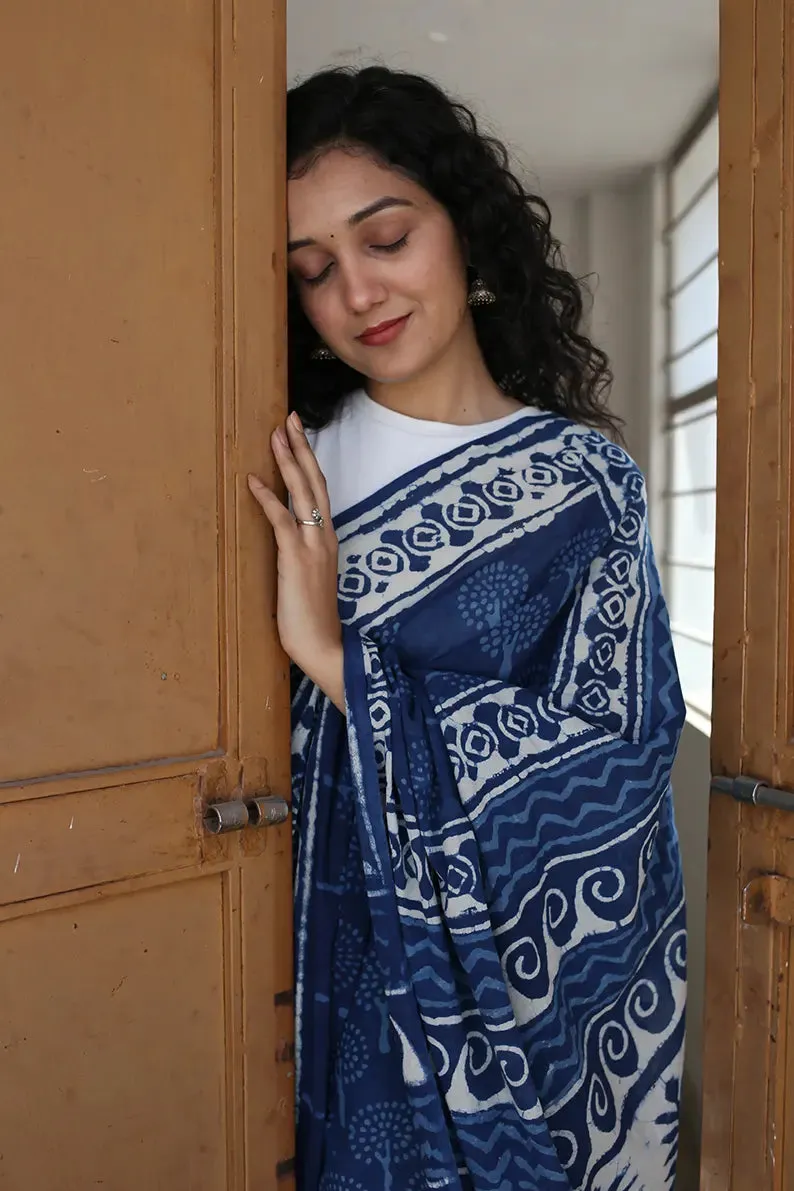 Indigo Bouquet - Dabu Hand Block Print Mulmul Cotton Bagru Saree