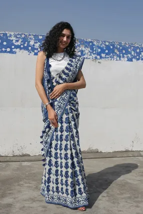 Indigo Paisley - Dabu Hand Block Print Mulmul Cotton Bagru Saree