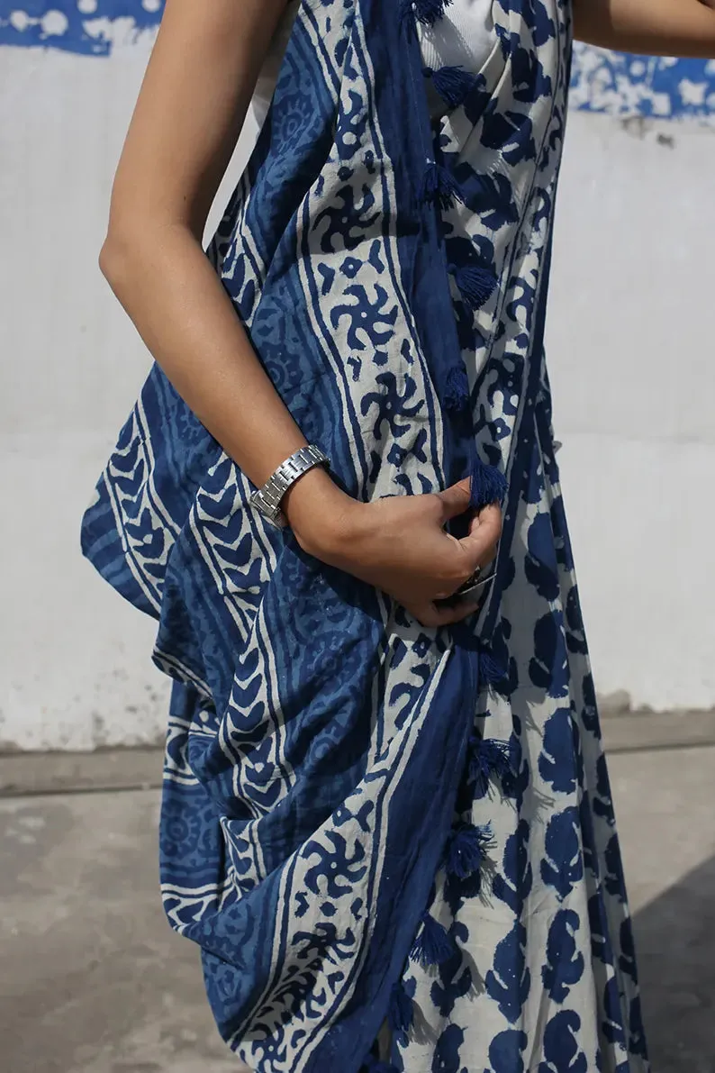 Indigo Paisley - Dabu Hand Block Print Mulmul Cotton Bagru Saree