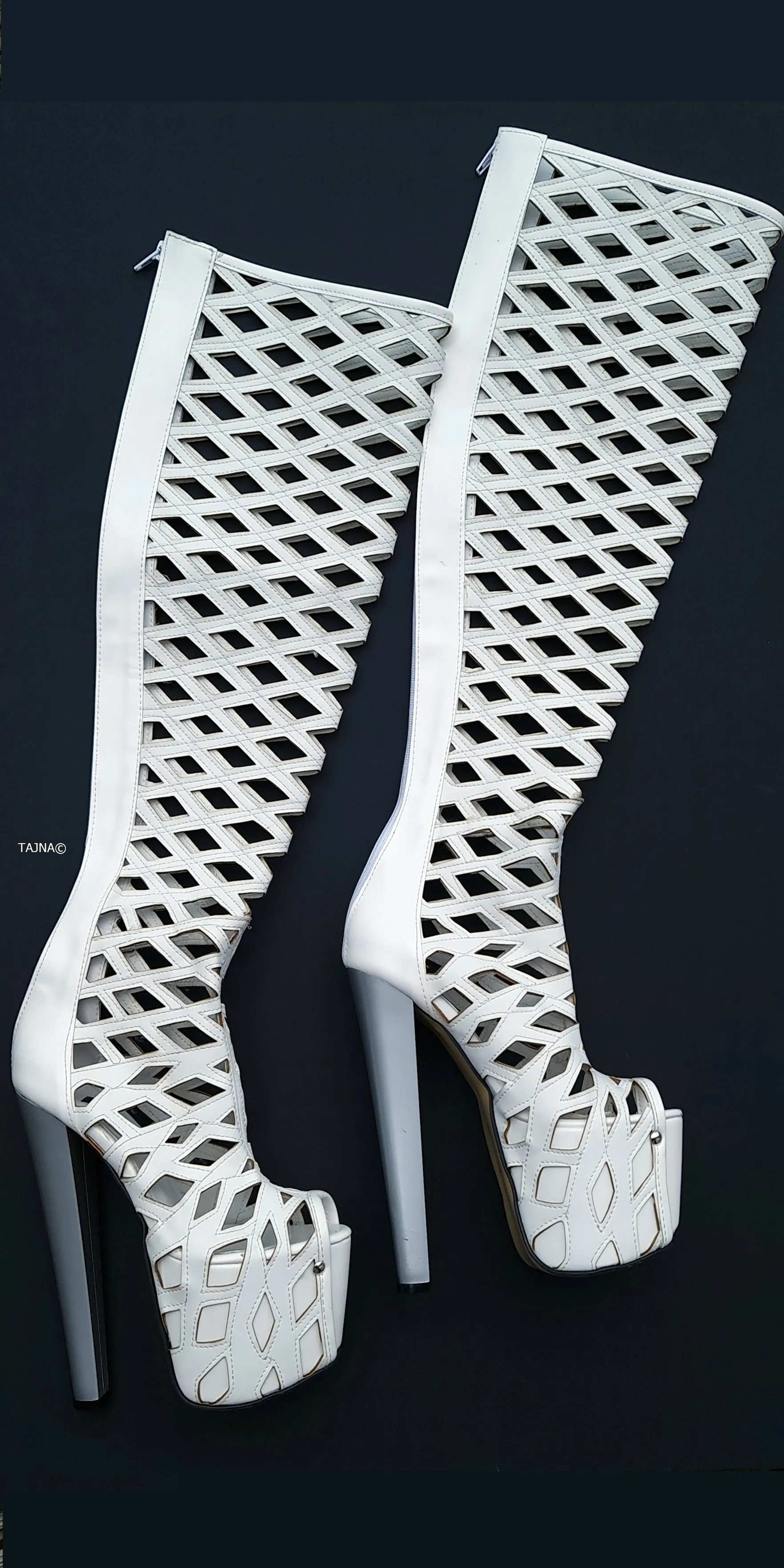 Laser Cut Thigh High Thick Heel Boots - White