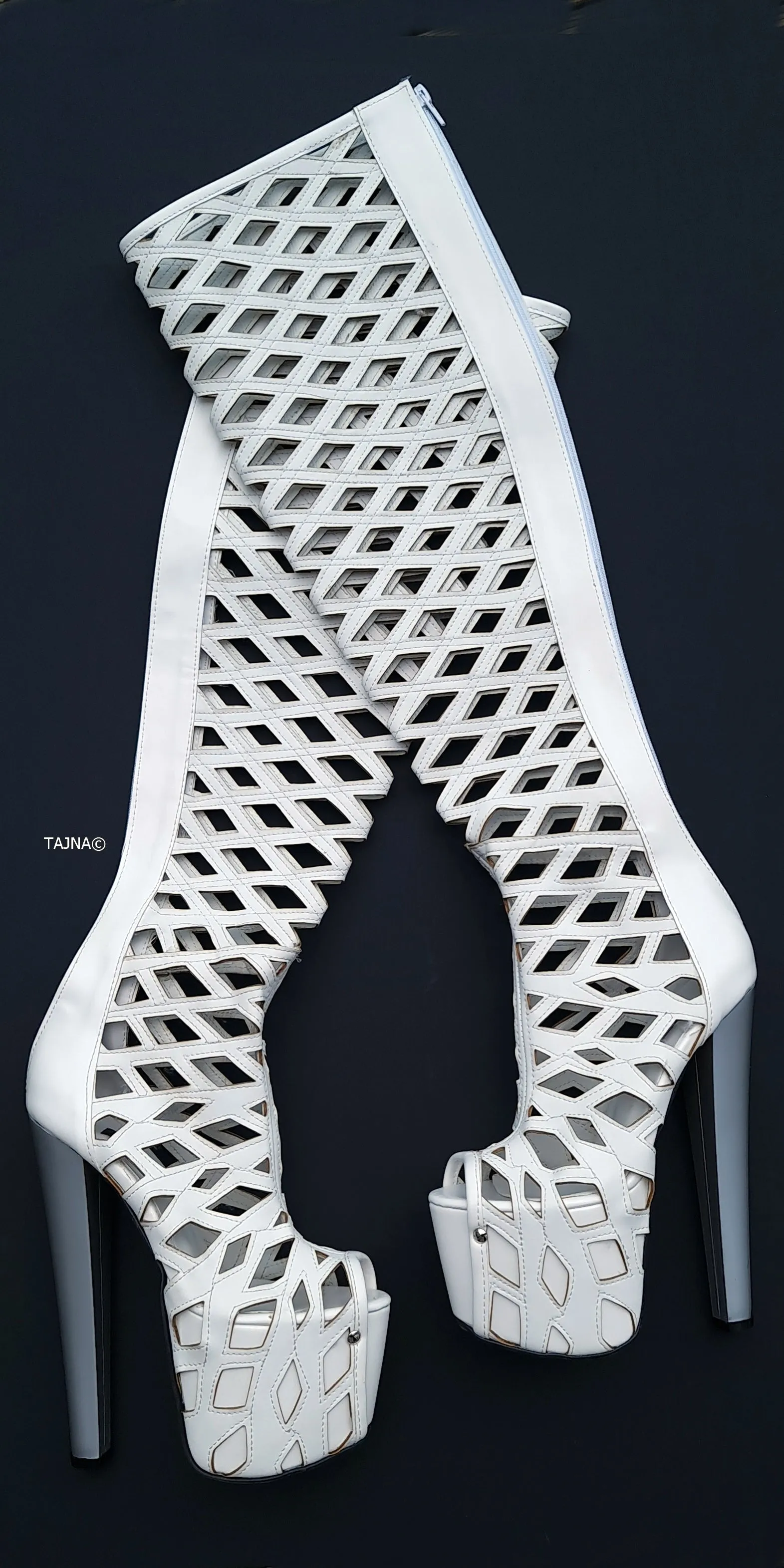 Laser Cut Thigh High Thick Heel Boots - White