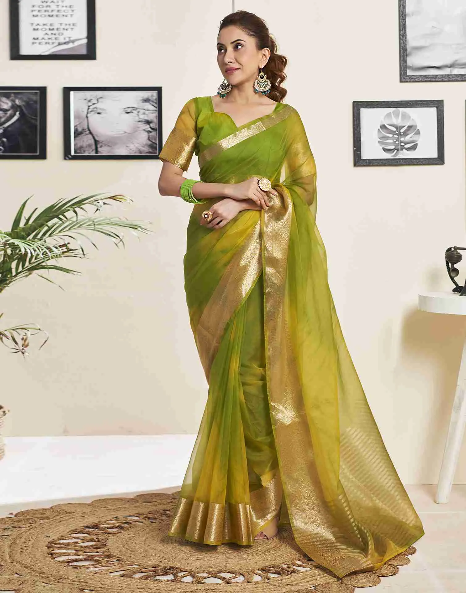 Light Green Organza Printed Woven Saree