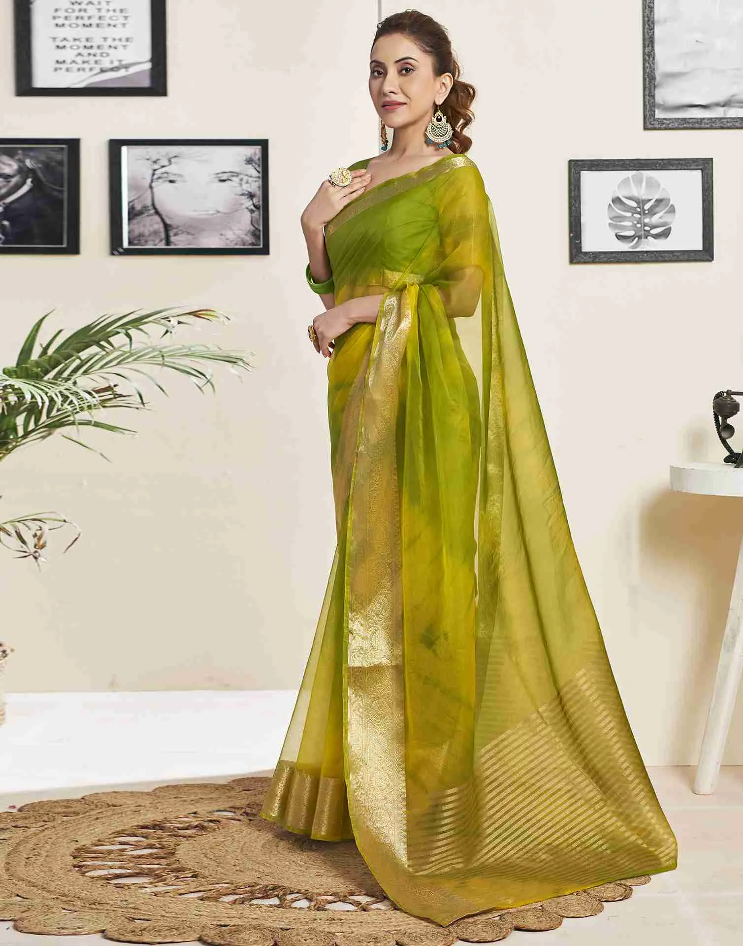 Light Green Organza Printed Woven Saree