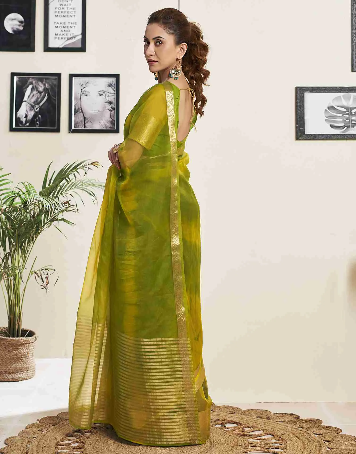 Light Green Organza Printed Woven Saree